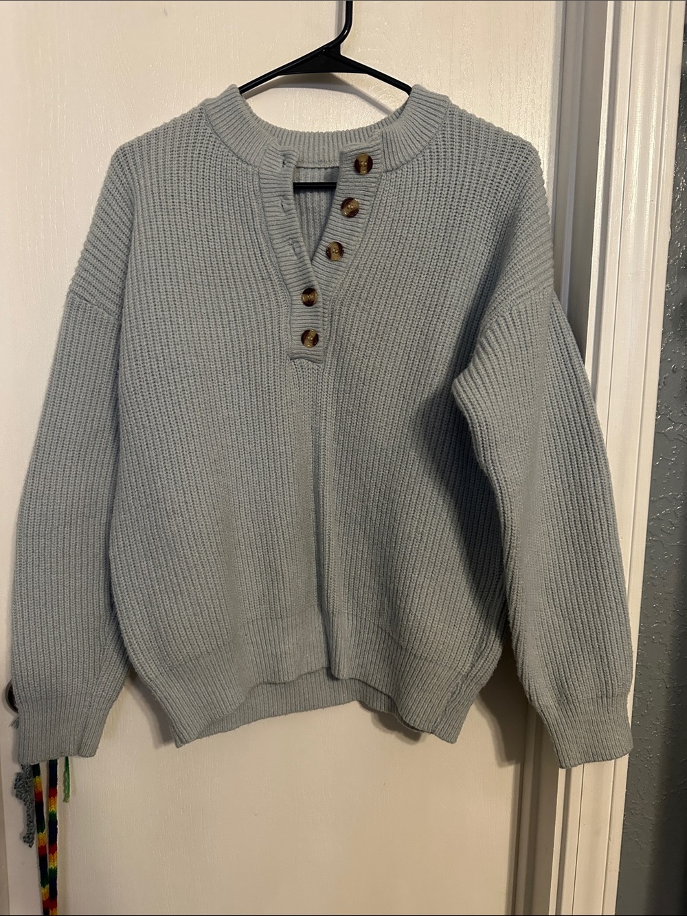 Light Blue Button Henley Ribbed Knit Sweater - Women